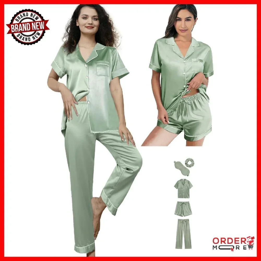 Silk Satin Pajama Set 5-Piece Sleepwear Loungewear XS-XXL